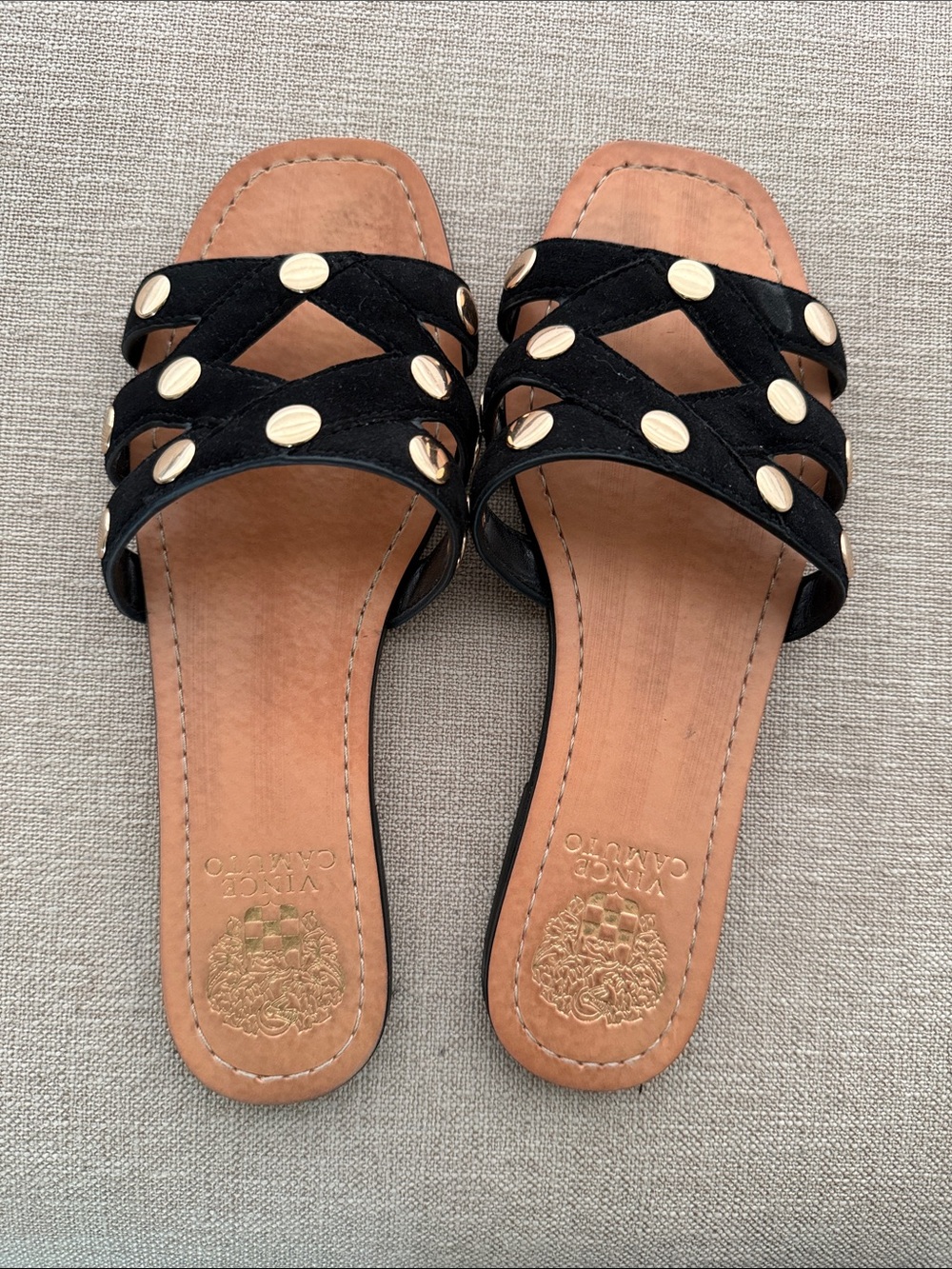 Vince Camuto Black Slide Sandals with Gold Studs
